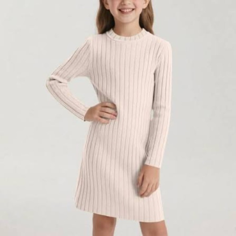 Girls' Long Sleeve Ribbed Knit Dress - Cream size 9/10
